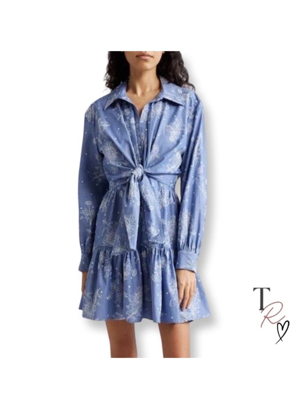 Cinq à Sept NWT Abrielle Tie Front Mini Dress Chambray Floral Blue Size 2